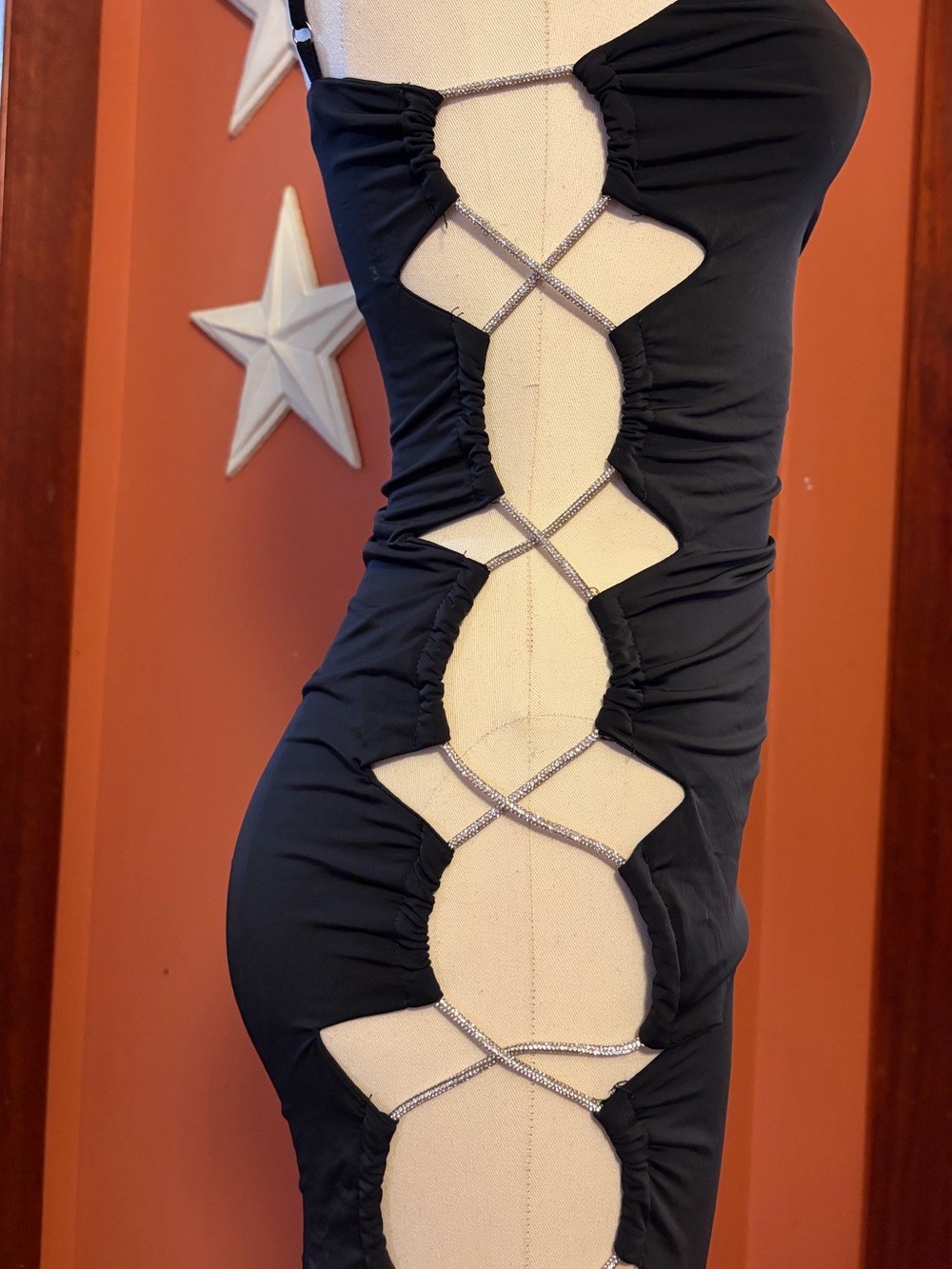 AKIRA Black Mini Dress with rhinestone tie Side Cutouts - Picture 8 of 12
